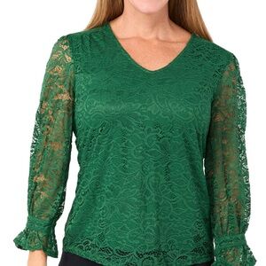 Zac & Rachel Emerald Green Floral Lace V-Neck Blouse - sz XL